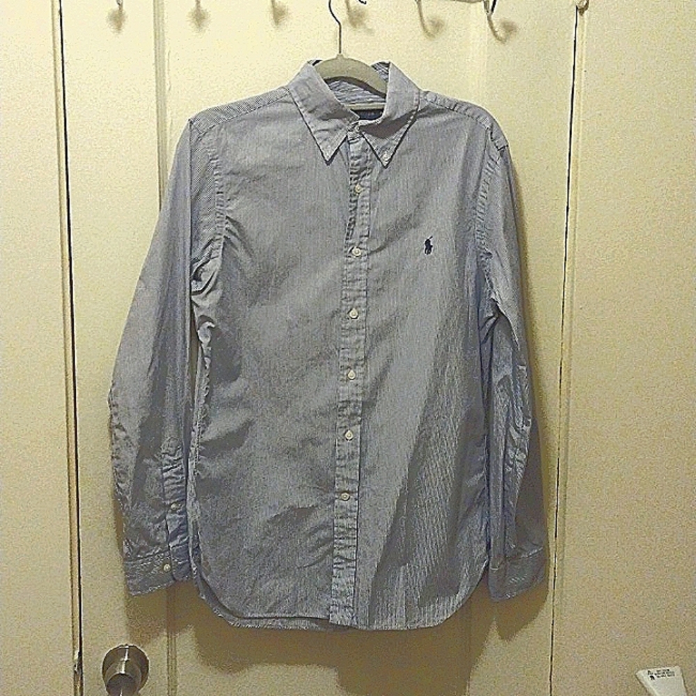 RALPH LAUREN, MEN SHIRT, LONG SLEEVE, 15 1/2, 34-35, SLIM FIT, BLUE & WHITE